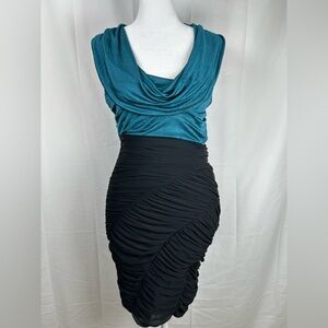 Bebe Draped Neck Ruched Bodycon Dress Size Small Teal Green and Black Sleeveless